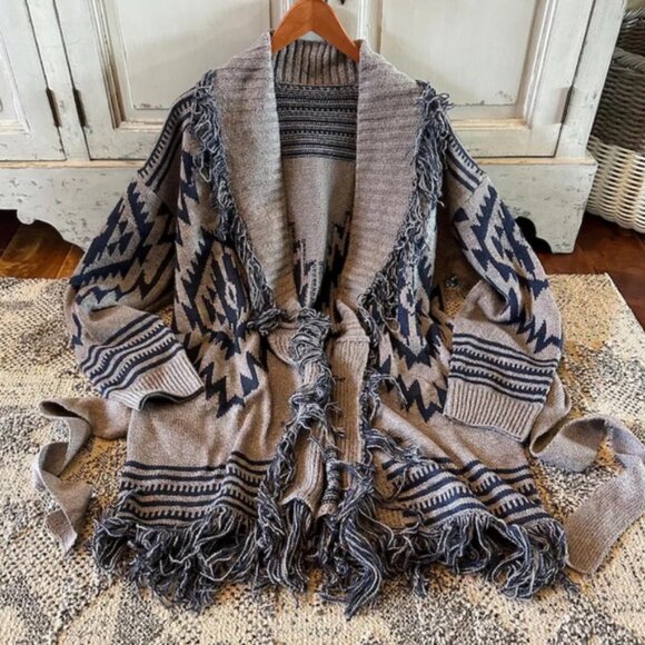 Western Aztec Tribal Print Grey Long Belted Cardigan Sweater Shirt Top Coat - Picture 1 of 6